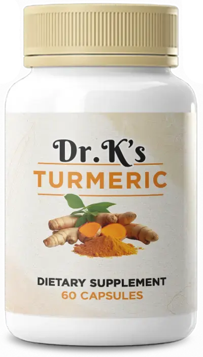 Bottle of Dr. K’s Turmeric dietary supplement